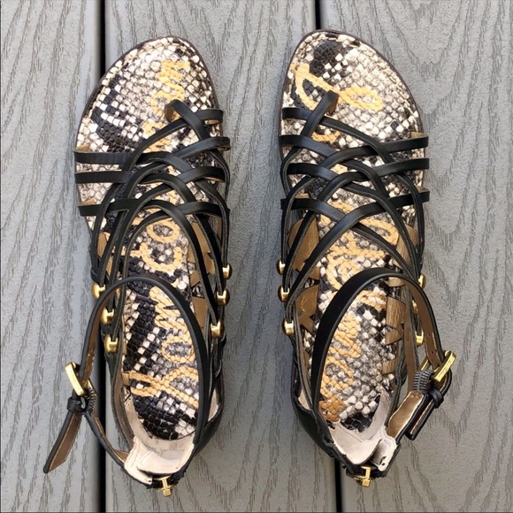 Black Snake Print Leather Caged Gladiator Sandals - Picture 2 of 6